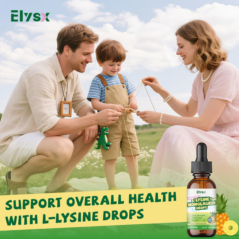 [Australia] - L-lysine Monolaurin Liquid Drops, Lysine 1000mg Supplement for Kids & Adults, with Vitamin C & D3, Zinc Citrate, Selenium, Quercetin & Elderberry Extract, Immune Support, Lip & Skin Health, 2 FL OZ 