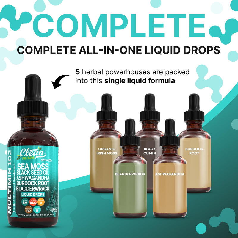 [Australia] - Clean Nutraceuticals Sea Moss Drops Supplement Liquid with Black Seed Oil Ashwagandha Burdock Root & Bladderwrack - Multimineral Organic Non-GMO Vegan for Gut Heath Skin Immune Support Hair (2) 2 
