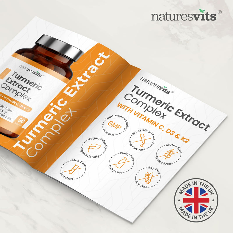Turmeric Capsules with Black Pepper, Vitamin C, D3 and K2, 90 Count - High Strength Joint Health Supplement for Adults with Active Curcumin Extract Powder - A Natural Herbal Anti Inflammator