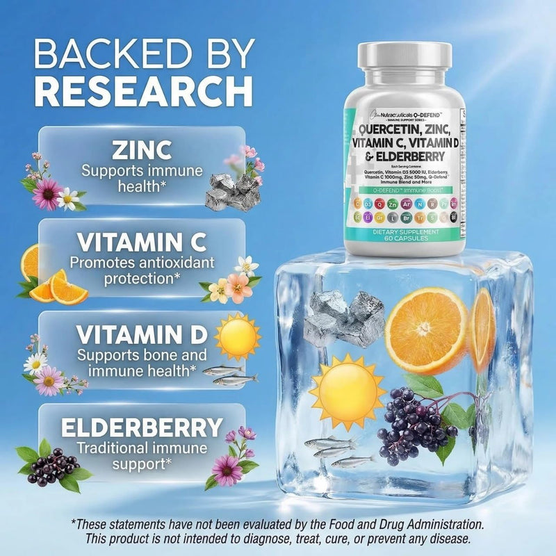 Q Defend Quercetin Supplement with Zinc Vitamin C Vitamin D Elderberry Turmeric Black Pepper Garlic Ginger Sea Moss Lysine Stinging Nettle Reishi Mushroom Immune Support 60 Capsules 60 Count (Pack of 1)