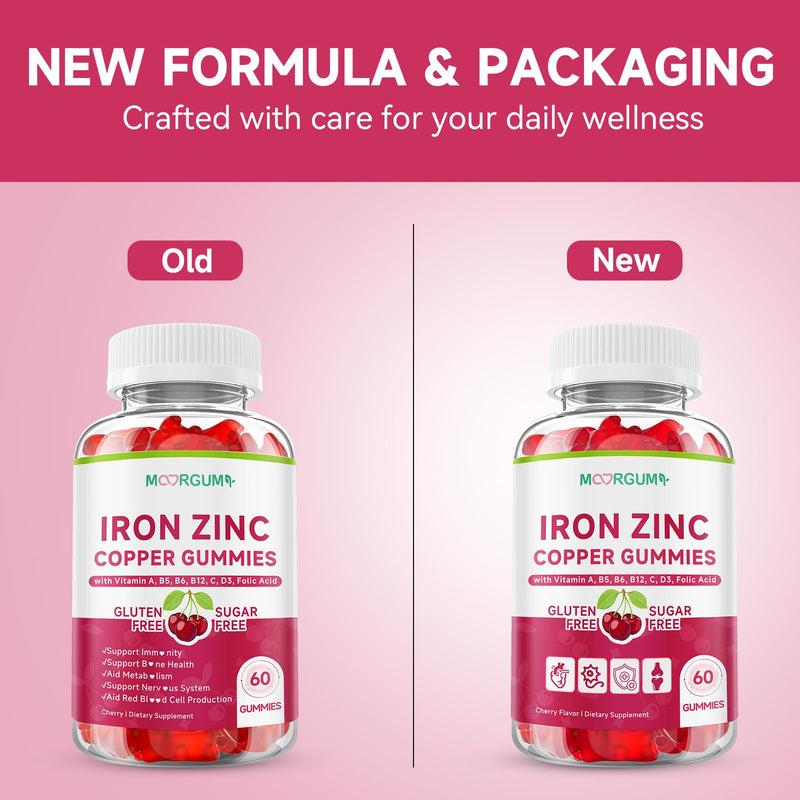 Iron, Zinc, Copper Supplements for Women & Men, Mineral Gummies with Vitamin A, B5, B6, C, D3, B12 for Adults & Kids, Promote Energy, Support Immunity, Bone Health, Sugar Free, Cherry Flavor, 60 Count 60 Count (Pack of 1)