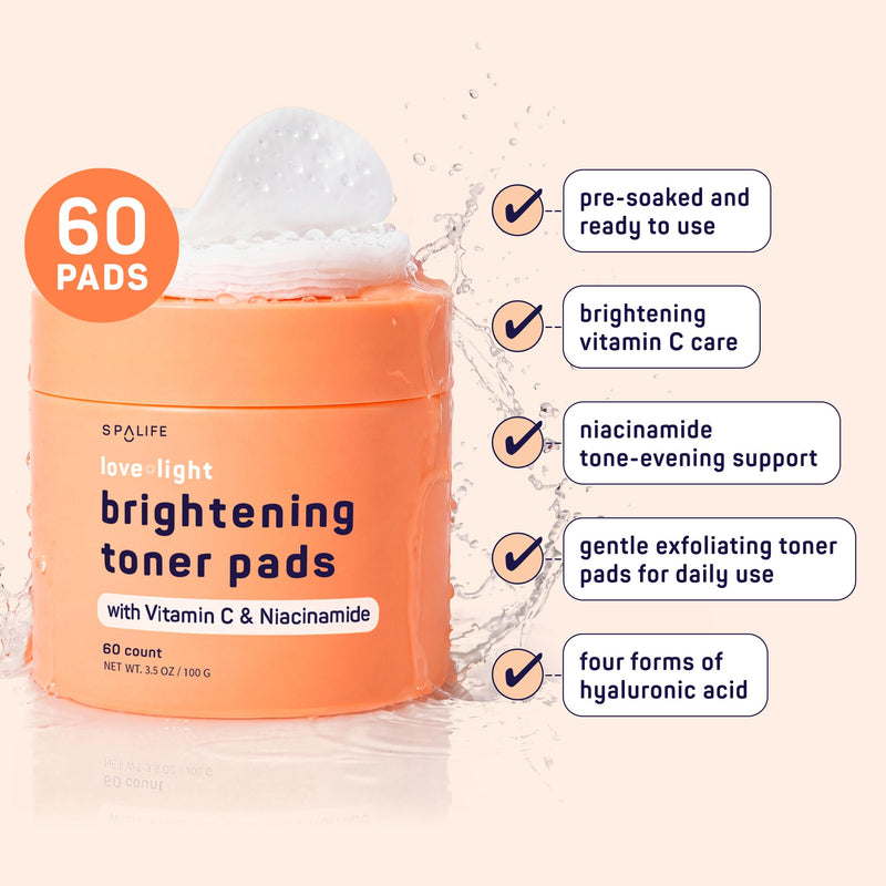 SpaLife Brightening Korean Toner Pads | For Uneven Skin Tone, Dark Spots & Discoloration, Clogged Pores, Dullness with Vitamin C, Niacinamide | Pre-Soaked Pads | 60 Count Love + Light Brightening