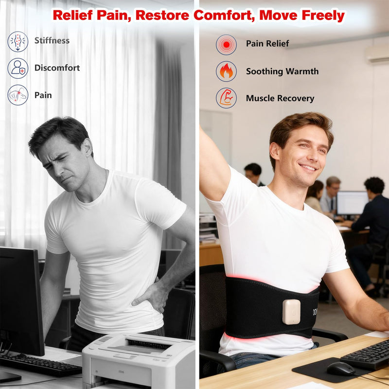 Red Light Therapy Belt for Back Pain Relief, Portable 660nm Light Therapy Wrap for Body and Waist, Rechargeable Cordless Controller SMD 3 in 1 Bulb Light for Joint Pain Relief Muscle Relax C-black