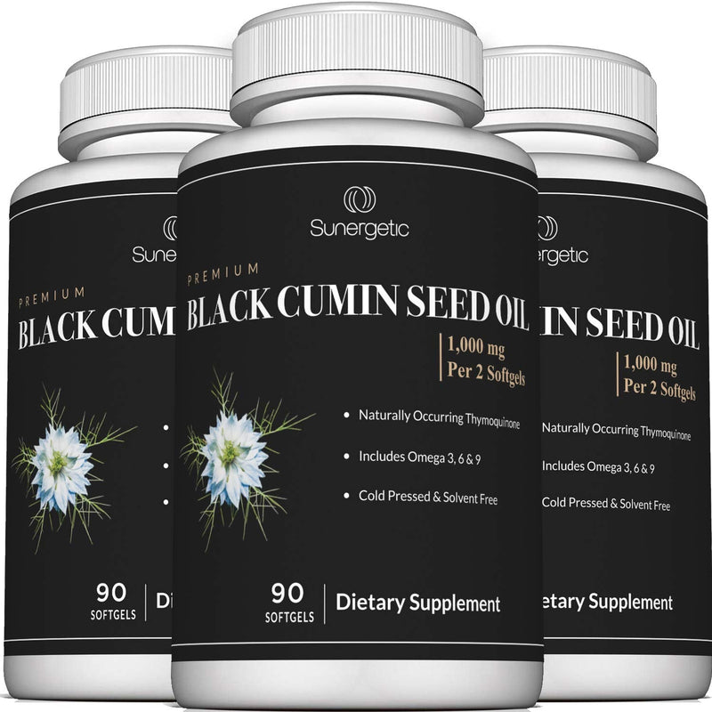 [Australia] - Sunergetic Premium Black Cumin Seed Oil Softgels – 1,000mg of Black Seed Oil Per Serving – Non GMO Cold Pressed Nigella Sativa – Includes Thymoquinone & Omega’s - 90 Softgels 