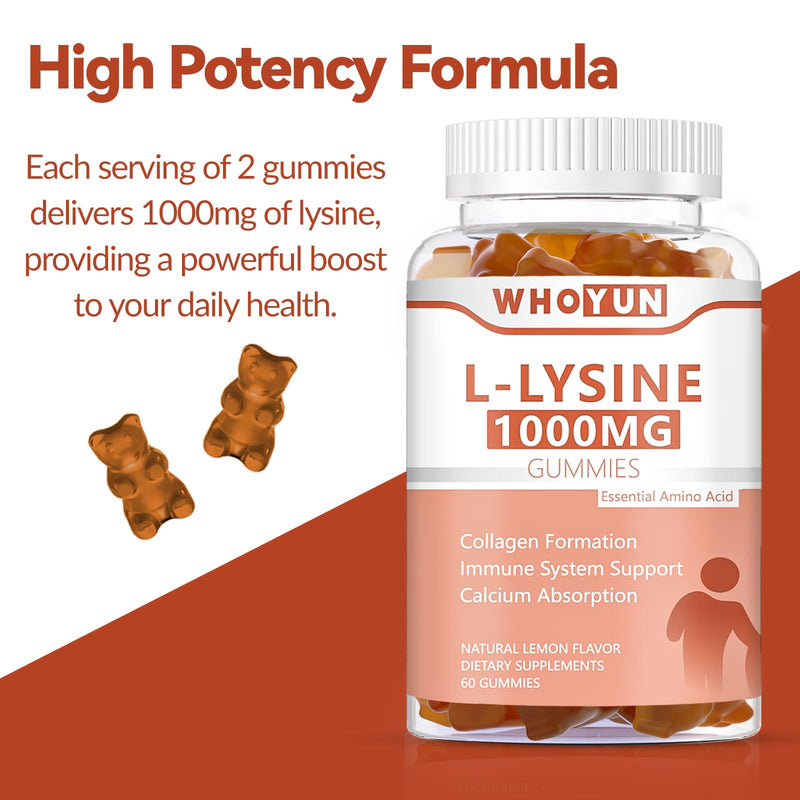 [Australia] - L-Lysine 1000mg Gummies, Chewable Lysine Supplement for Adults, Immune Support, Collagen Formation Support, Lemon Flavor, 60 Count 60 Count (Pack of 1) 