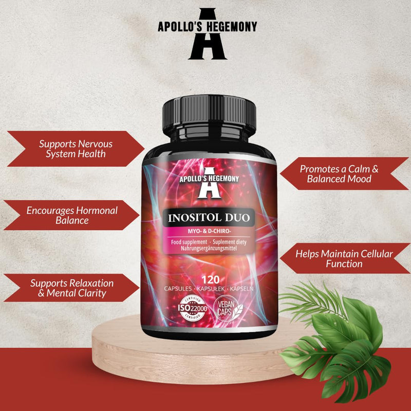 Inositol Duo 120 Vegan Capsules - Myo-Inositol + D-Chiro-inositol - 615 mg per Capsule - 4 Months Supply - Vitamin B8 Supplement - by Apollo's Hegemony