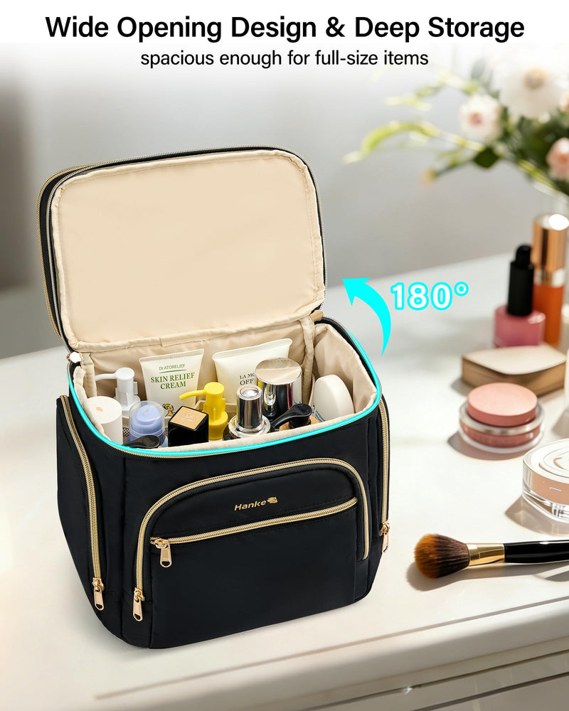 Hanke Large Toiletry Bag for Women Travel, Double Layer Organizer with Wide Opening for Full-Size Cosmetics & Toiletries, 12.2L Water-Resistant Makeup Bag,Black Black