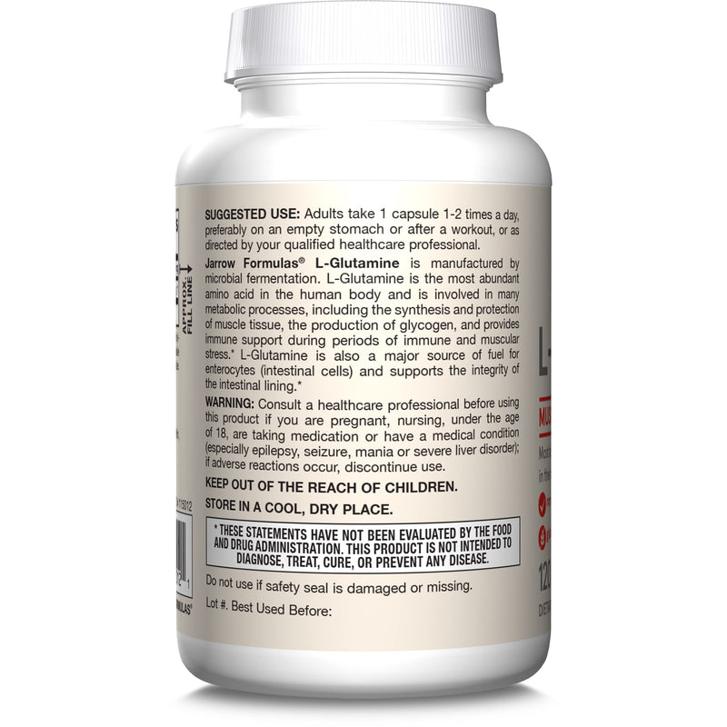 [Australia] - Jarrow Formulas L-Glutamine 750 mg, Dietary Supplement, Immune and Muscle Support, 120 Veggie Capsules, Up to 120 Day Supply 