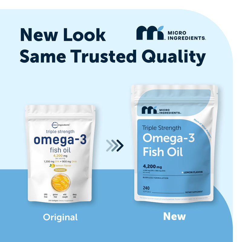 Micro Ingredients Triple Strength Omega-3 Fish Oil 4,200 mg Per Serving | EPA 1200mg + DHA 900mg Per Serving. Wild Caught Fish Source. 240 Softgels, Lemon Flavored, Burpless, No Fishy Aftertaste 240 Count (Pack of 1)