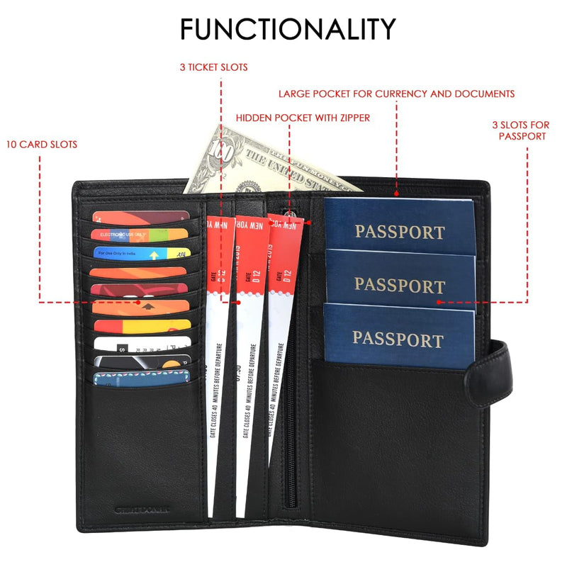 Cow Leather Family Passport Holder | Credit Cards Boarding Pass Cash Documents Holder Slots With Hidden Chain Slot | RFID Blocking Travel Wallet for Men and Women Engraved Logo - Black