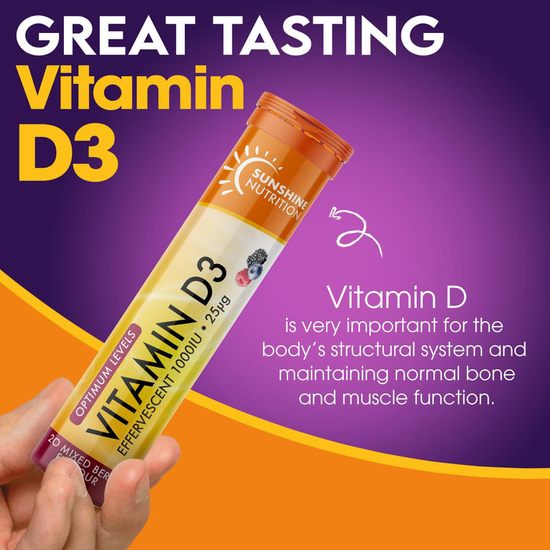 Vitamin D Effervescent 1000IU| Mixed Berry Flavour|20 Tablets x 4|Sunshine Nutrition Mixedberry 20 count (Pack of 4)