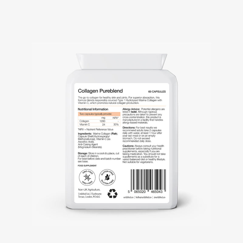 Unfabled Marine Collagen Capsules for Women, 60 Capsules, 1200mg Marine Collagen with Vitamin C, Contributes to Normal Collagen Formation for Skin, Sustainably Sourced, Made in UK