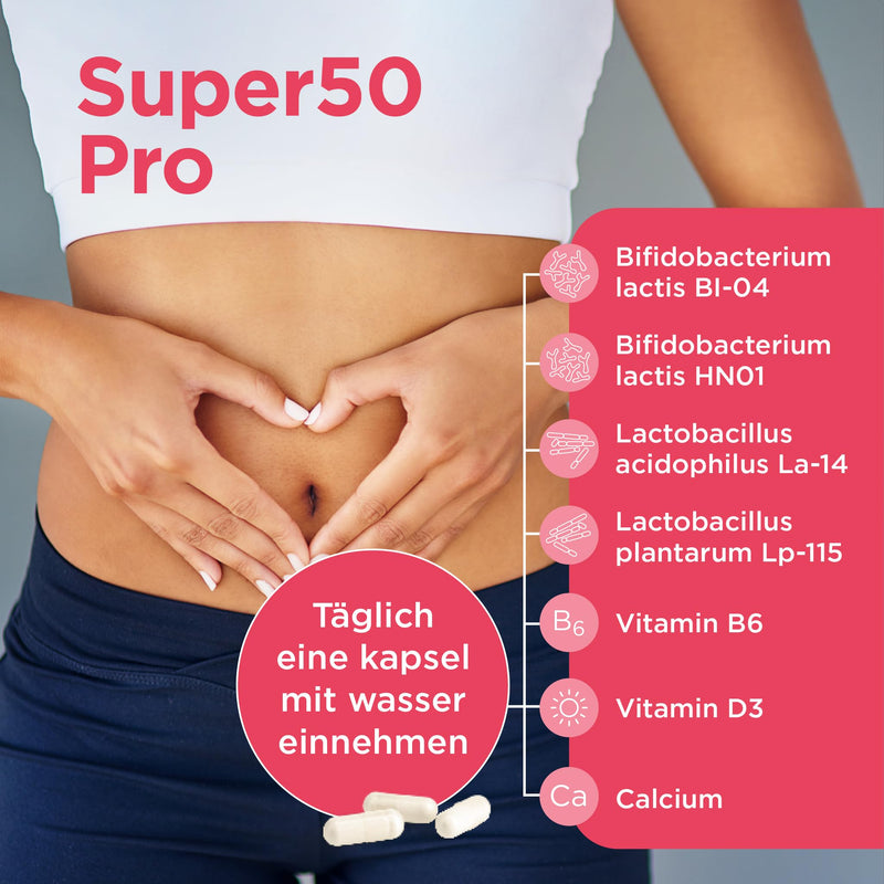 [Australia] - Healthspan Super50 Probiotic | Support for healthy intestinal flora with vitamin D3 and calcium | Reduces fatigue with vitamin B6 | High quality formula | Lactose free | Vegetarian | 60 capsules 