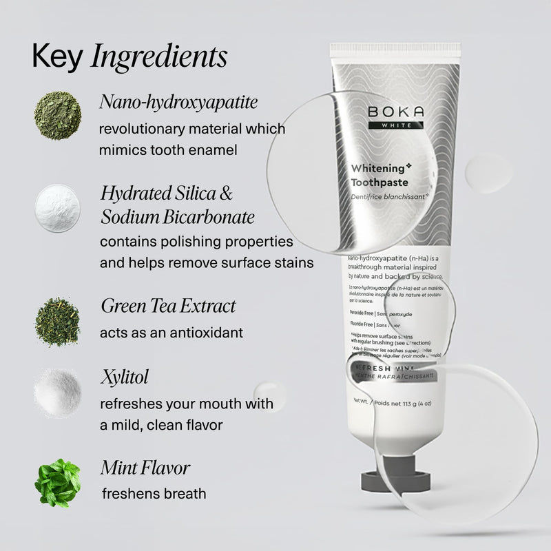 Boka Fluoride Free Toothpaste, Nano Hydroxyapatite Toothpaste, Appropriate for Sensitive Teeth, for Adult, Kids Oral Care - Whitening* Refresh Mint, 4 Fl Oz 1Pk US Manufactured B. Whitening 4 Ounce (Pack of 1)