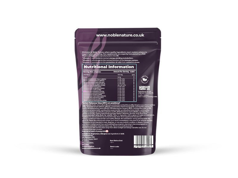 Noble Nature Biokind Gut Balance – 40 Billion CFU Friendly Bacteria - Bio Cultures Complex - 15 Strains - Lactobacillus & Bifidobacterium for Gut, Immune & Digestive Health with Inulin & Vitamin C 60