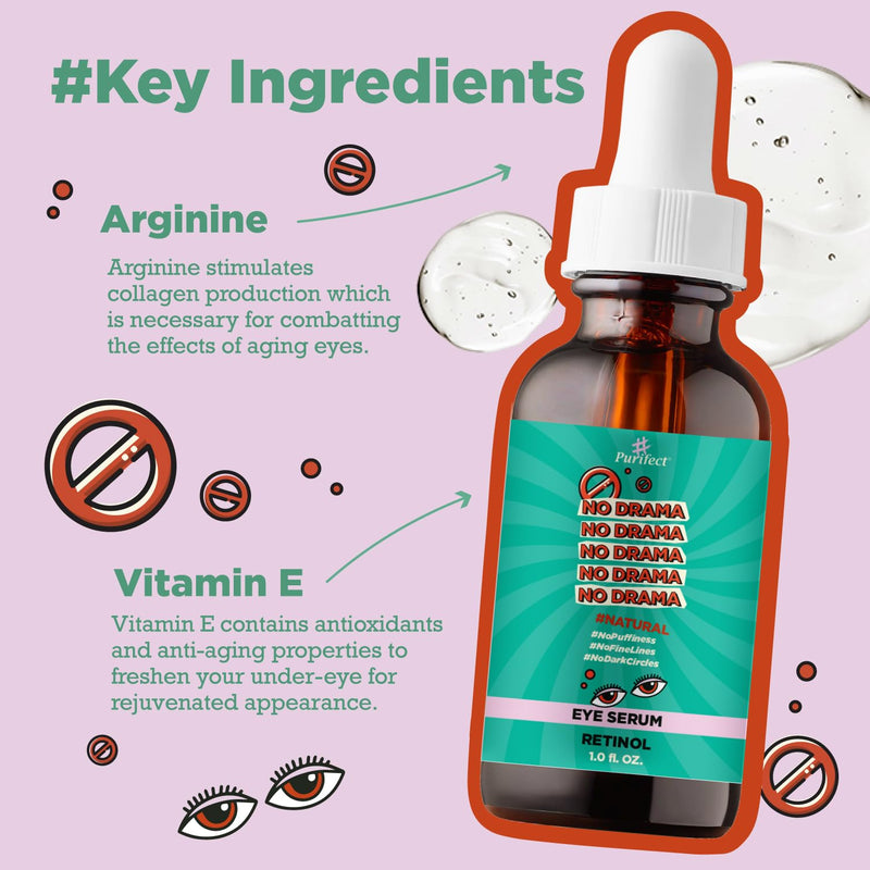 Purifect No Drama Retinol Eye Serum for Women & Men - Under Eye Serum Treatment with Vitamin E, Anti Aging Support, Helps Dark Circles, Fine Lines & Wrinkles, Vegan Skincare, Cruelty Free - 1 fl oz 1 Fl Oz (Pack of 1)