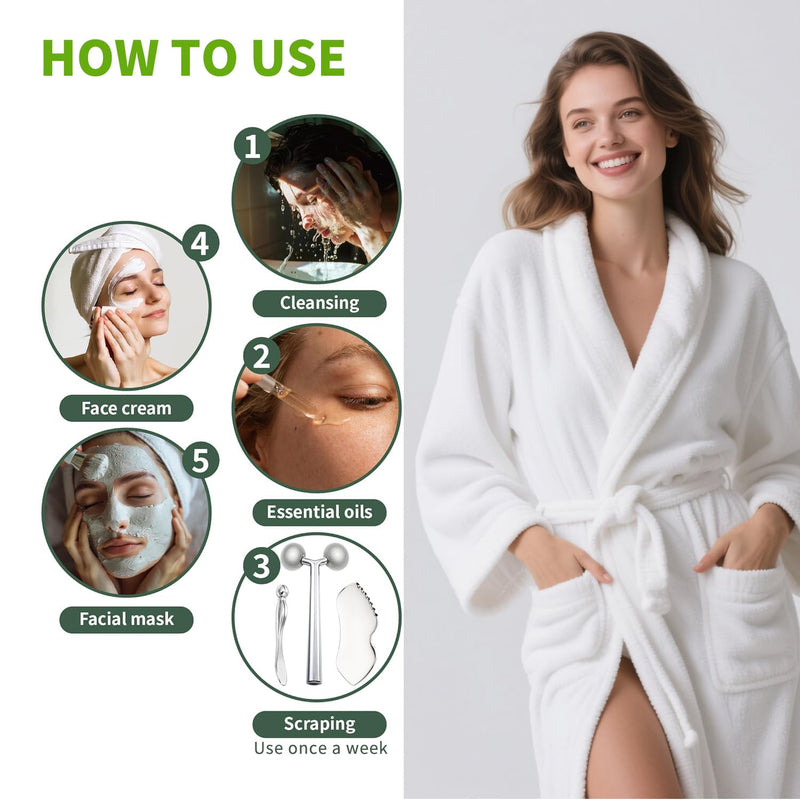 [Australia] - 3-in-1 Stainless Steel Facial Massage Set, Face Roller, Gua Sha Tool, Eye Cream Applicator, Silver,Gifts for Women and Girl Detail Guasha Set 