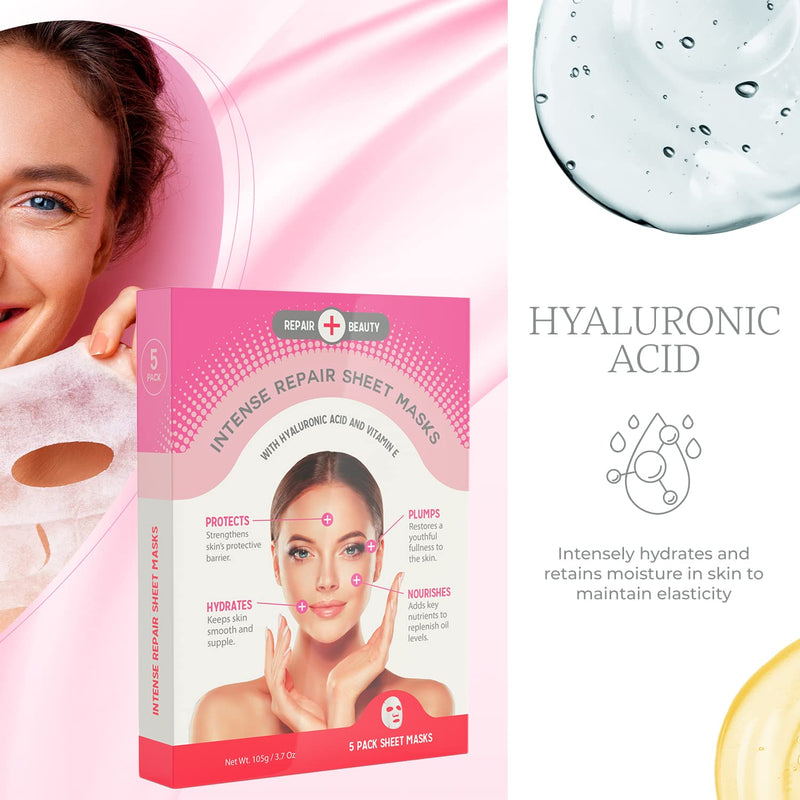 Hyaluronic Acid & Vitamin E Sheet Face Mask - Plumps & Moisturizes Skin, Reduces Wrinkles & Fine Lines, Hydrating Sheet Mask - Cruelty Free Korean Skin Care For All Skin Types - 5 Masks
