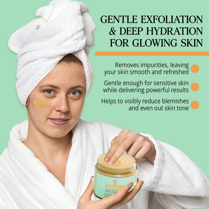 Glow-Rious Turmeric Face Scrub with Vitamin C & Honey - Gentle Exfoliating Facial Scrub for Skin & Even Tone - with Cinnamon & Clove - 100g/3.52oz