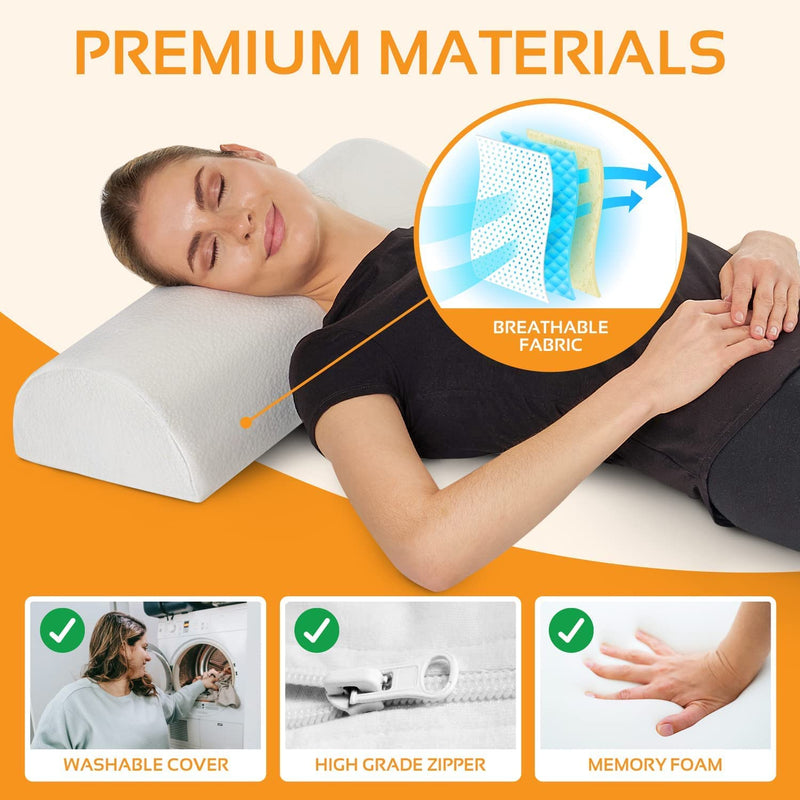 [Australia] - AllSett Health Large Half Moon Bolster Pillow for Legs, Knees, Lower Back and Head, Lumbar Support Pillow for Bed, Sleeping | Semi Roll for Ankle and Foot Comfort - Machine Washable Cover, White White - 1 Pack 