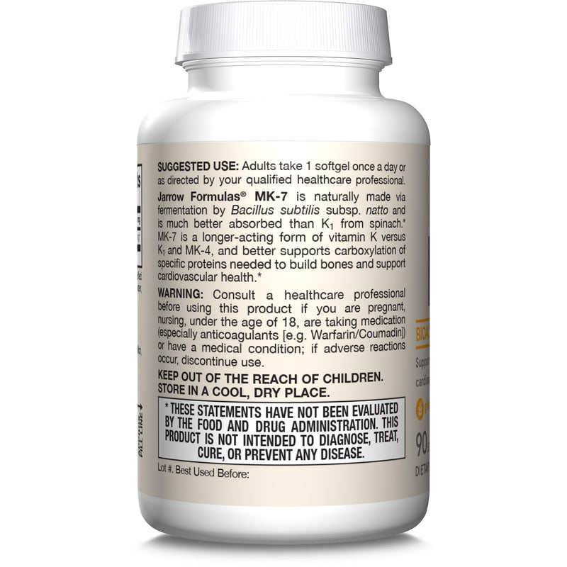 [Australia] - Jarrow Formulas MK-7 90 mcg - Bioactive Form of Vitamin K2-90 Servings (Softgels) - for Bone & Cardiovascular Health - Vitamin K2 MK-7 Dietary Supplement - K2 Vitamin Supplement MK-7 - Gluten Free 90 Count (Pack of 1) 