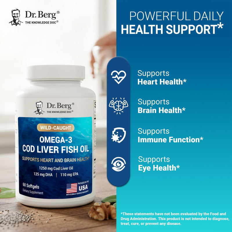 Dr. Berg Omega-3 Cod Liver Fish Oil 60 Softgels – Wild-Caught Icelandic Cod – Omega 3 EPA & DHA – Heart, Brain, Immune & Eye Support* – Lemon Flavor – 4X Lab-Tested – Non-GMO, No Fillers