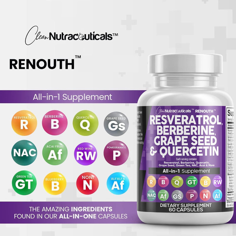 [Australia] - Resveratrol 6000mg Berberine 3000mg Grape Seed Extract 3000mg Quercetin 4000mg Green Tea Extract - Polyphenol Supplement for Women and Men with N-Acetyl Cysteine, Acai Extract - 60 Capsules 