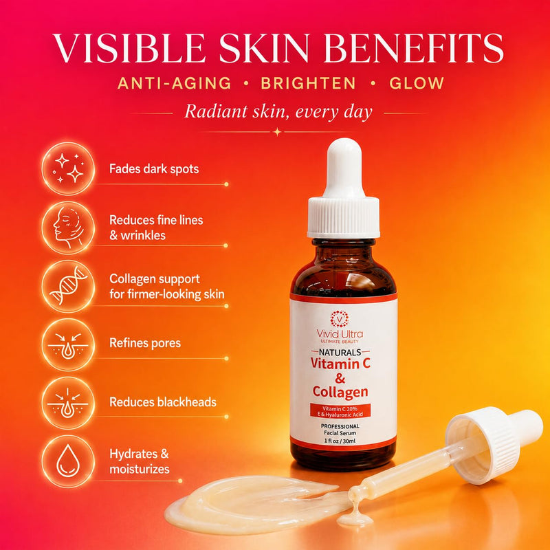 Vivid Ultra Vitamin C Serum for Face – Anti-Aging Serum with Hyaluronic Acid, Collagen & Vitamin E – Brightening Dark Spots, Firming Skin, Reducing Wrinkles & Acne Scars – 1 Fl Oz