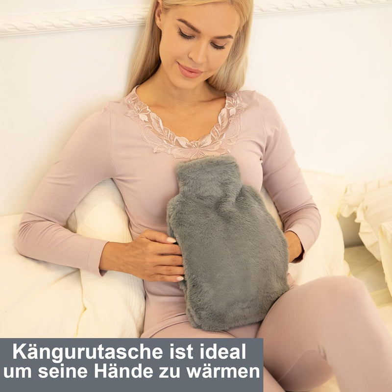 [Australia] - OWOZOI hot water bottle with fluffy cover, hot water bottle with hand warmer, kangaroo pockets, cuddly soft cover, hot water bottles, large, 2 liters, natural rubber for women, men, girls, bed bottle, dark grey 