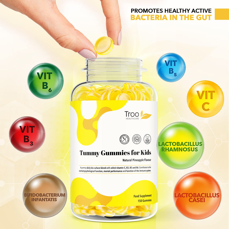 Troo Health Care Tummy Gummies Probiotics with Vitamins for Kids & Adults - 150 Natural Pineapple Active Bacteria Gummies with Vitamin C, B3, B5 & B6 to Support Immune Function & Mental Development 150 count (Pack of 1)