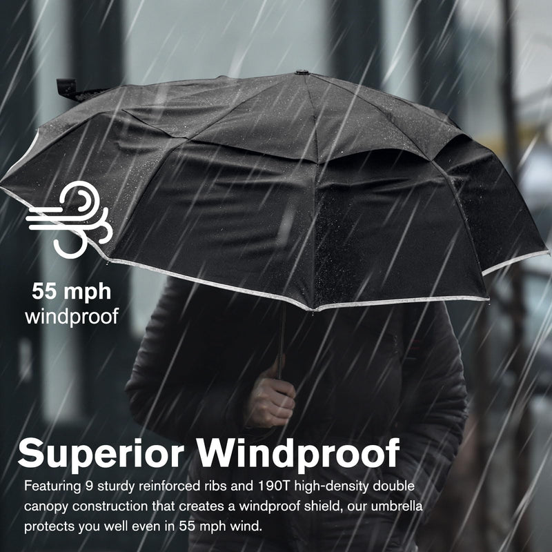 G4Free 42 Inch Eco Windproof Folding Umbrella with Reflective Strip + 42 Inch Compact Strong Windproof Travel Umbrellas for Rain & Sun