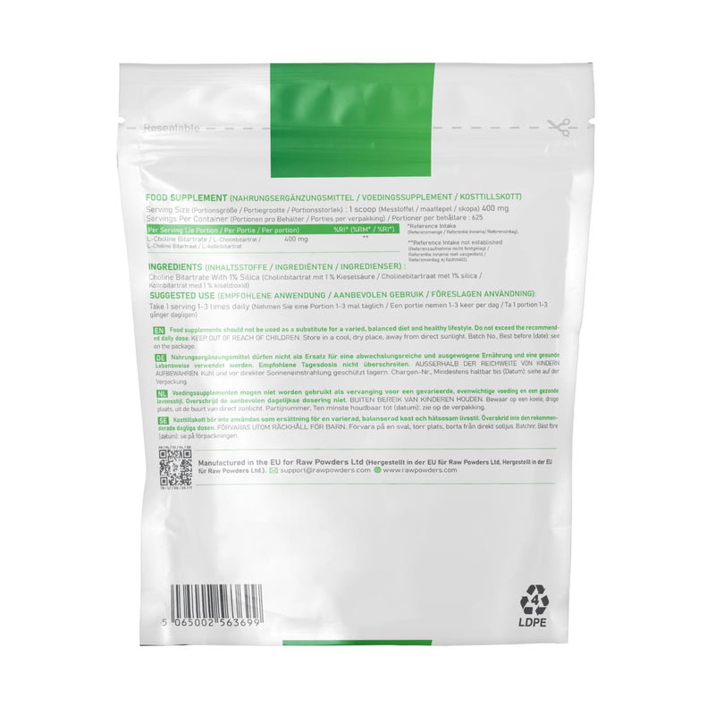 Choline Bitartrate Powder 250g | High Strength Choline Supplement | Supports Liver Function, Lipid & Homocysteine Metabolism | Pure Powder | Raw Powders