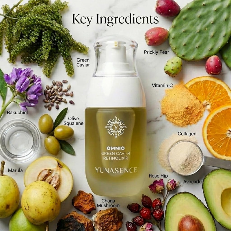 YUNASENCE OMNIO Green Cavi-R Retinolixir, w/3% Bakuchiol, Marula, Vitamin C, Chaga Mushroom. Anti Aging, Firming. Bio-Retinol.