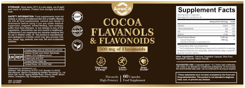 High Flavanol Cocoa Powder, Cocoa Cardio Health Supplement, 500mg Cocoa Flavanols, Support Heart Health, Boost Nitric Oxide, Blood Circulation, Energy, Vegan, Dark Chocolate, 60 Capsules