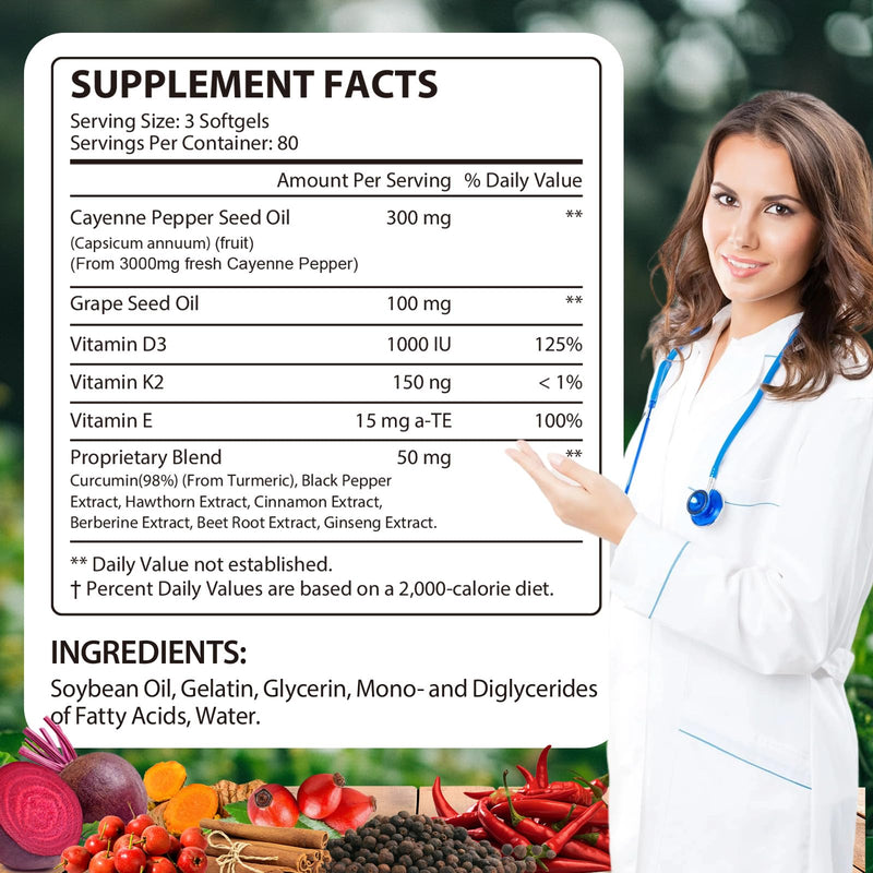 Cayenne Pepper Softgels Supplement 3000 mg , Cayenne Pepper Capsules with Vitamin D3 K2 & E, Grape Seed Extracts, Supports Healthy Blood Circulation, Antioxidant & Digestion Support, 240 Softgels