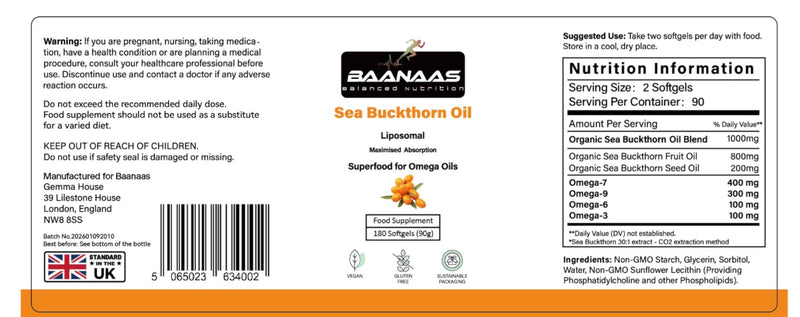 LIPOSOMAL Sea Buckthorn Oil Capsules 30,000mg | 180 Count | High Strength Vegan Supplement | Source of Omega 7 Essential Fatty Acids | No Artificial Preservatives | by Baanaas
