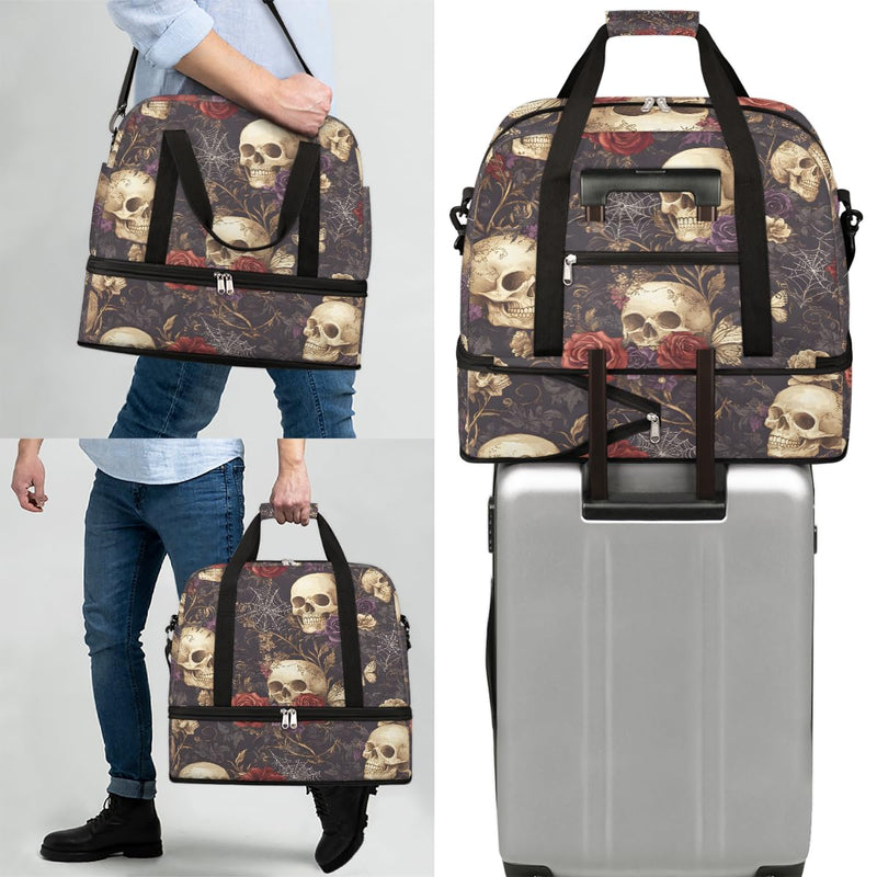 Skull Gothic Rose Flower Travel Duffel Bag Tote Carry On Luggage Sports Gym Bag With Shoe Compartment For Woman Man Overnight Weekend Yoga Workout Training Handbag B-1