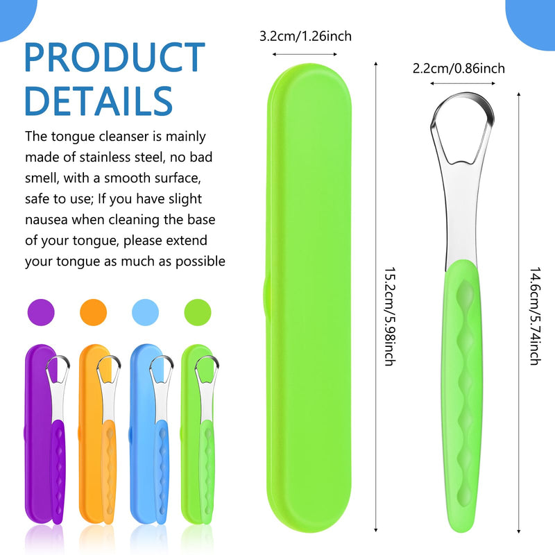 [Australia] - 4 Pcs Tongue Scraper Cleaner Adults and Kids Stainless Steel Tongue Brush Metal Scraper Reduce Bad Breath with Travel Cases for Men Women Oral Mouth(Purple, Orange, Blue and Green) Purple, Orange, Blue and Green 