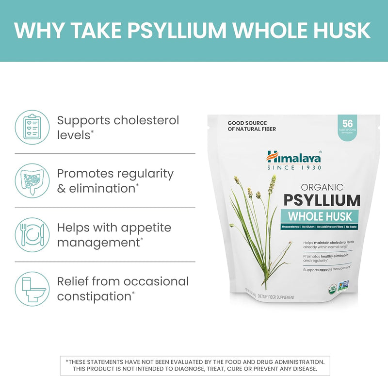 [Australia] - Himalaya Organic Psyllium Whole Husk, Natural Daily Fiber Supplement, Regularity, Appetite Management, USDA Certified Organic, Non-GMO, 56-Tablespoon Supply, Unflavored, 12 Oz 56 Servings (Pack of 1) 