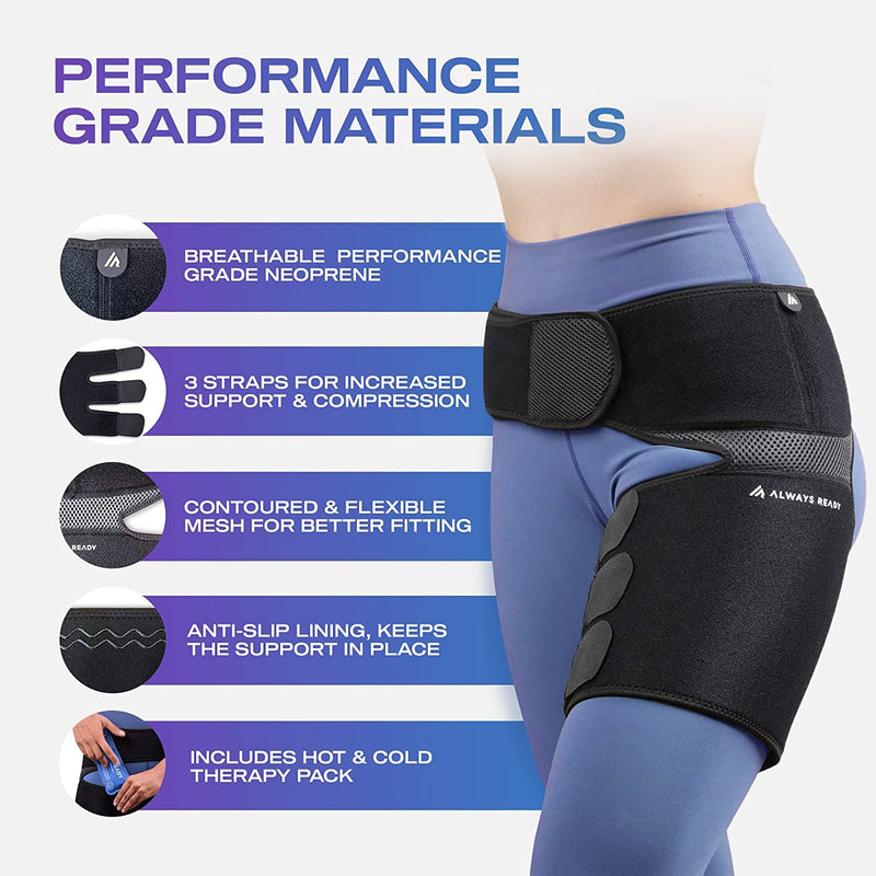 Always Ready Hip Brace for Sciatica Pain Relief with Hot & Cold Gel Pack, SI Belt/Sacroiliac Belt for Hip Pain, Adjustable Compression Wrap for Groin, Thigh, Leg & Hamstring, Men & Women (XS-S) XS-S