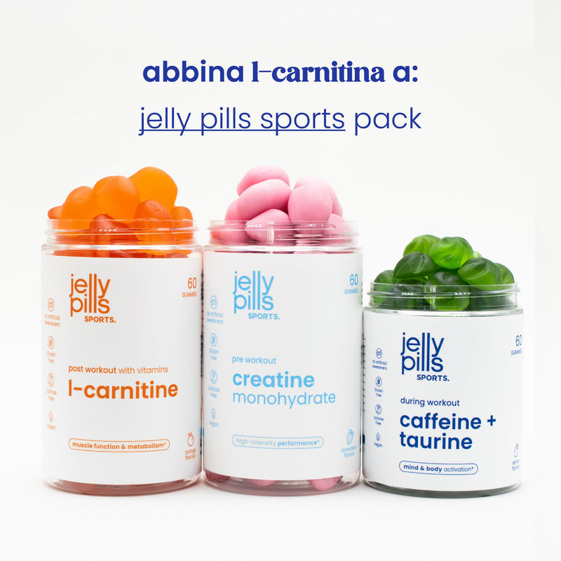 Jelly Pills Sports L-Carnitine - 60 Vegan Gummies - 400 mg L-Carnitine per Serving - Energy Metabolism and Muscle Function - Vitamins D3, B7, B9 and Chromium - Orange Flavour - 13.5 kcal per Gummy