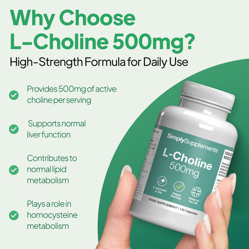 L-Choline Capsules | High-Strength 500mg Active Choline | Suitable for Vegans & Vegetarians | 120 Capsules = 2 Months' Supply | Manufactured in The UK in Accordance with GMP Standards New Label Design