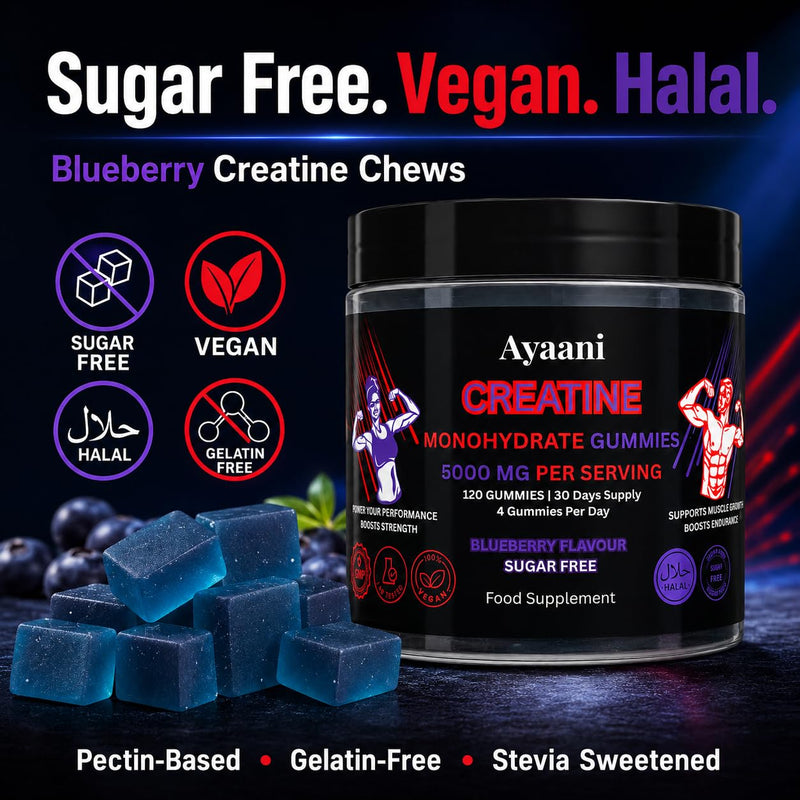 Creatine Gummies 5000mg | Real 5g Lab-Tested Creatine Monohydrate Dose | Sugar Free Vegan Halal Blueberry Gummies | No Powder, Scoop or Shaker | Strength, Power & Muscle Gains | 120