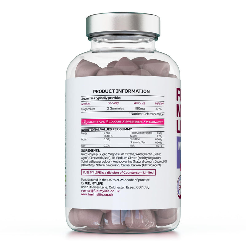 Magnesium Gummies, Providing 180mg Daily dose of Elemental Magnesium from Citrate - 60 Natural Berry Flavour Chewable Yummy Gummies for Better Sleep, Muscle and Nerve Support - UK Made