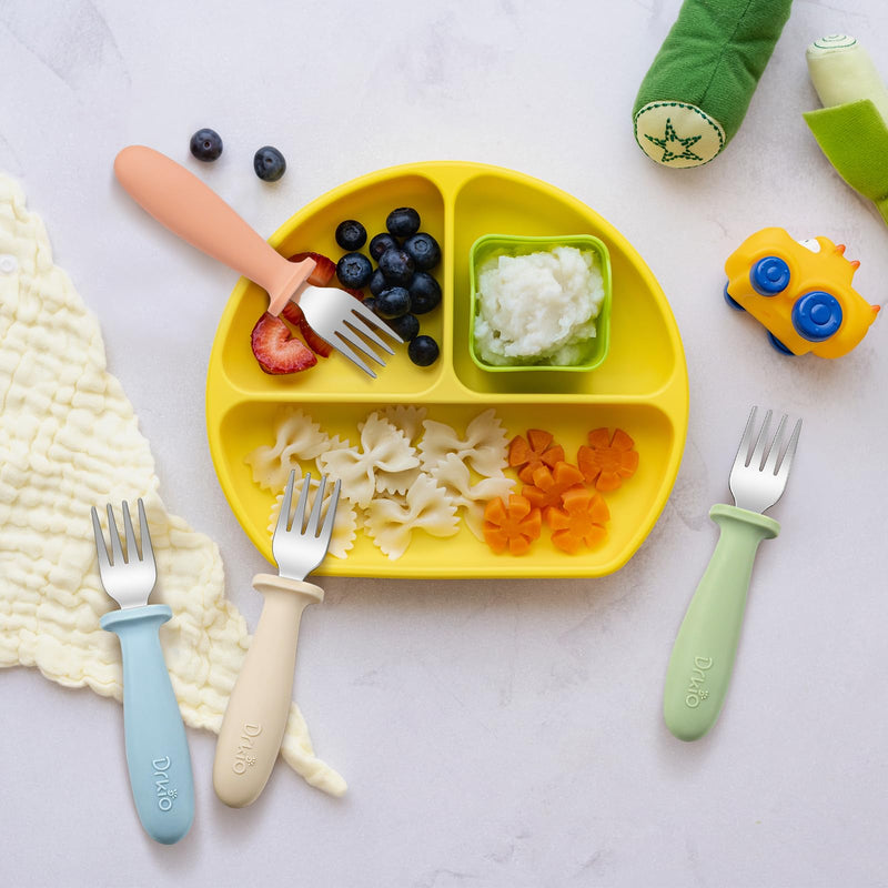 [Australia] - DRKIO 8 Pieces Toddler Forks Set - Baby Forks with Silicone Handle Children safe 18/8 Stainless Steel Toddler Utensils Set for Self Feeding Kids Silverware Anti-Choke Design Food Grade Dishwasher Safe Blue 