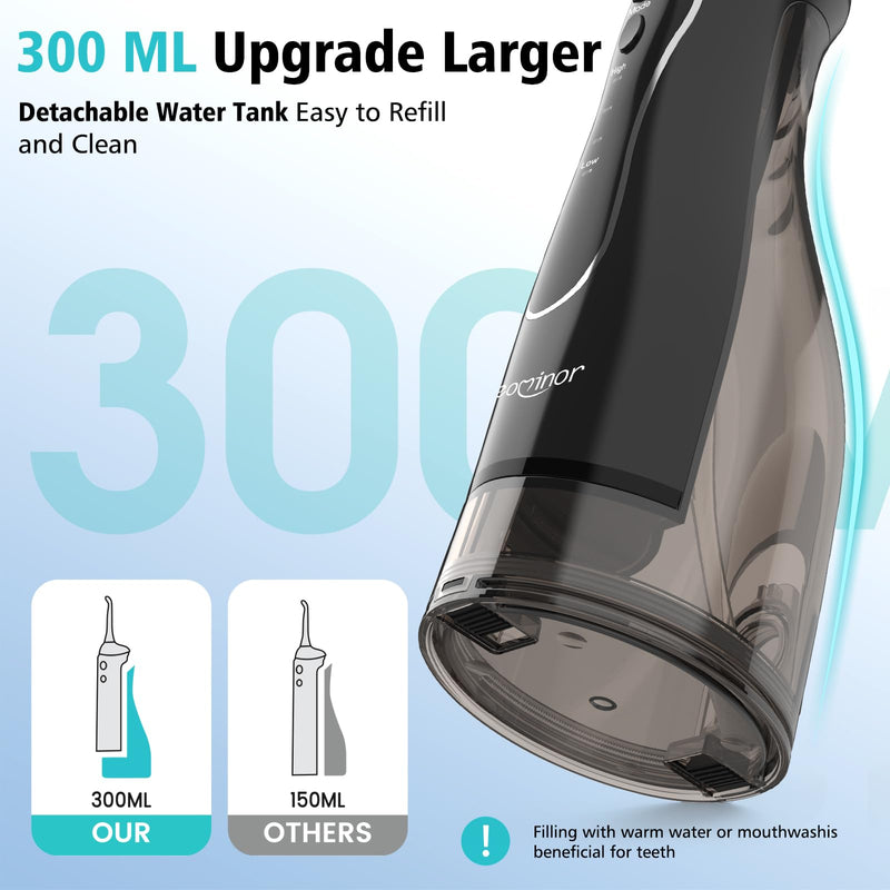 [Australia] - Leominor Water Flosser Pick for Teeth, 300ML Portable Oral Irrigator Upgraded Tank Removable,IPX7 Waterproof, Rechargeable Travel Teeth Cleaner, Professional Electric Flossing Machine (Black) Black 