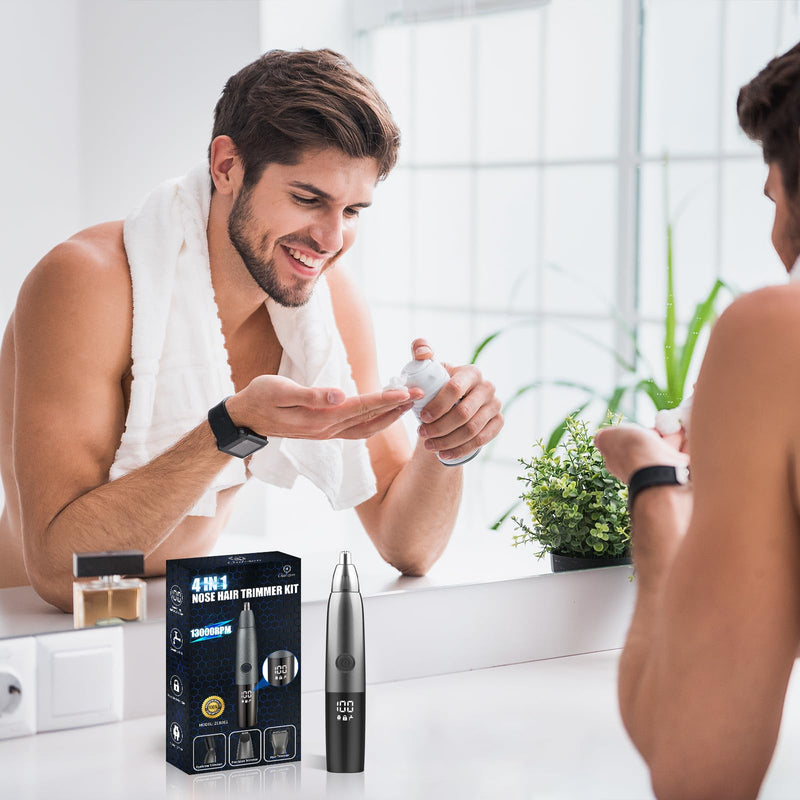 [Australia] - Oukzon Nose Hair Trimmer for Men Women, 4 in 1 Nose Hair Remover USB Rechargeable with LED Display, Professional Painless Nose Hair Trimmer for Nose, Ears, Eyebrows, Face, IPX7 