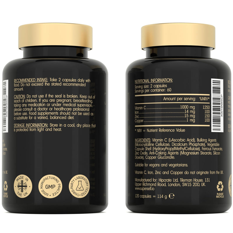 Vitamin C and Zinc Tablets - 1000mg VIT C Enhanced with Zinc, Iron, Copper High Strength - 120 Easy to Swallow Capsules - Vegan Immune System Complex Vitamin C Supplement with Superior Absorption