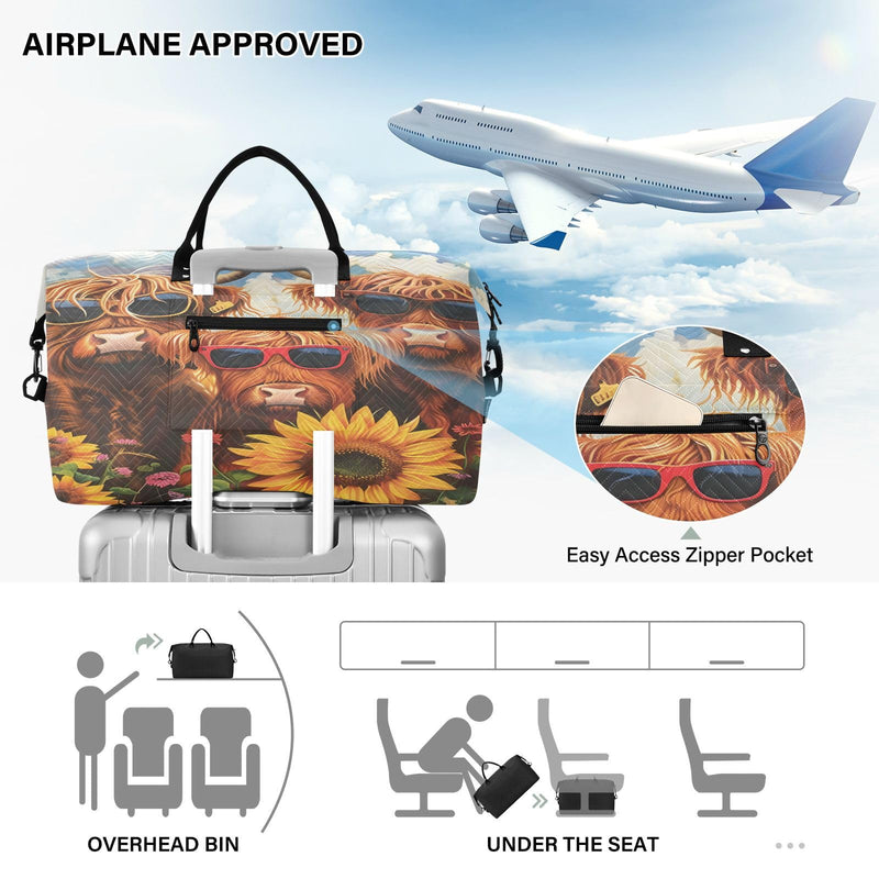 Flower Travel Duffle Gym Bag, Highland Cows Sunflowers Weekender for Women with Toiletry Bag Travel