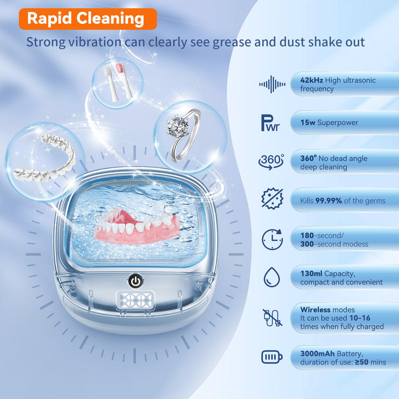 [Australia] - Ultrasonic Retainer Cleaner Machine, 42kHz Portable Ultrasonic Dentures Cleaner, 130ML Ultrasonic Jewelry Cleaner for Dental Retainer, Mouth Guard, Watch, Ring, Diamond -Home or Travel Use Black 